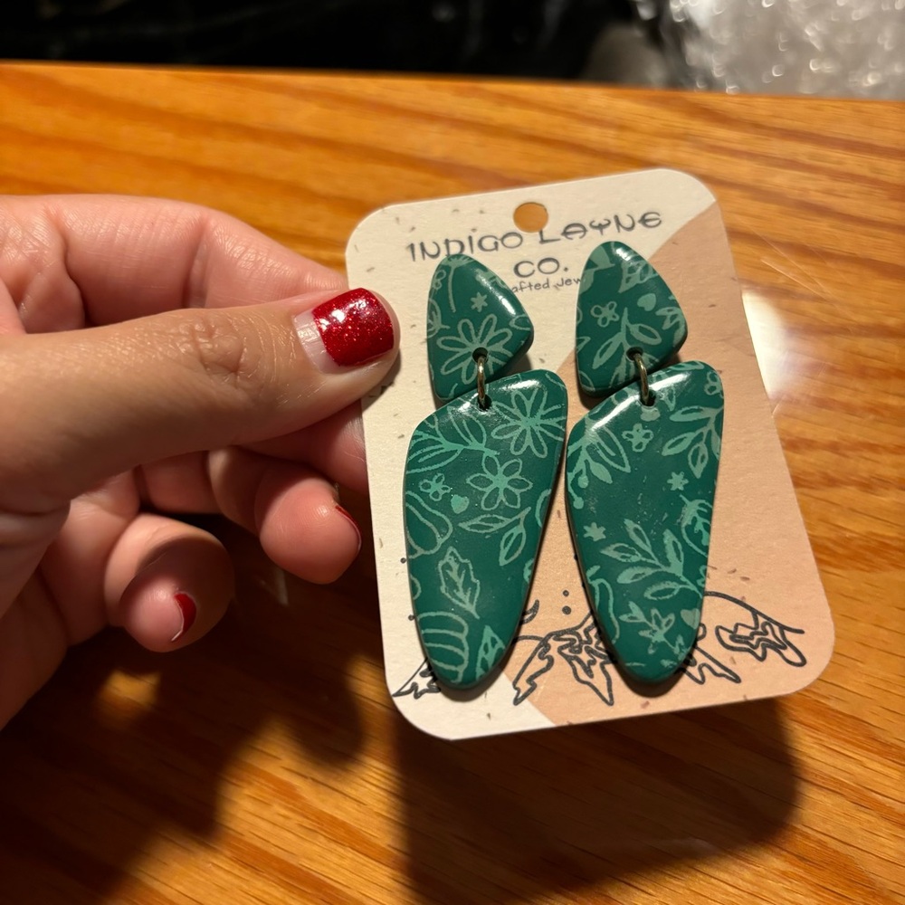 Green Floral Design - Handmade Polymer Clay Dangle Earrings